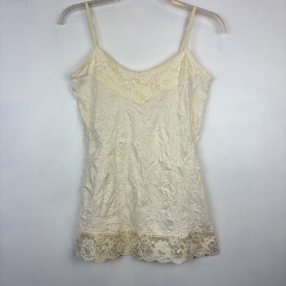 Y2K Lace Trim Crinkle Cami Tank Womens Medium Whimsigoth Fairy Indie Coquette